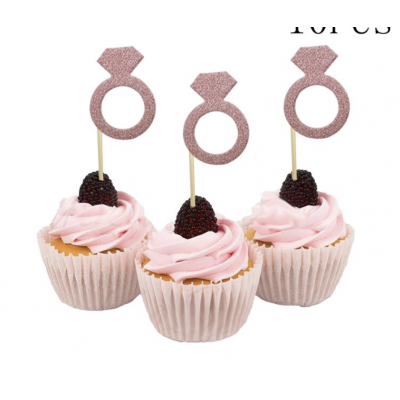 Hens Night Cupcake Toppers 10pack - Diamond Ring Rose Gold 